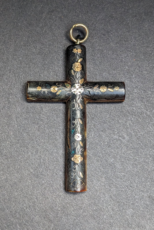 Tortoise Shell and Gold Piqued Cross Pendant