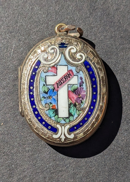 Victorian 9k Gold Enamel Cross and Floral Locket "MIZPAH"