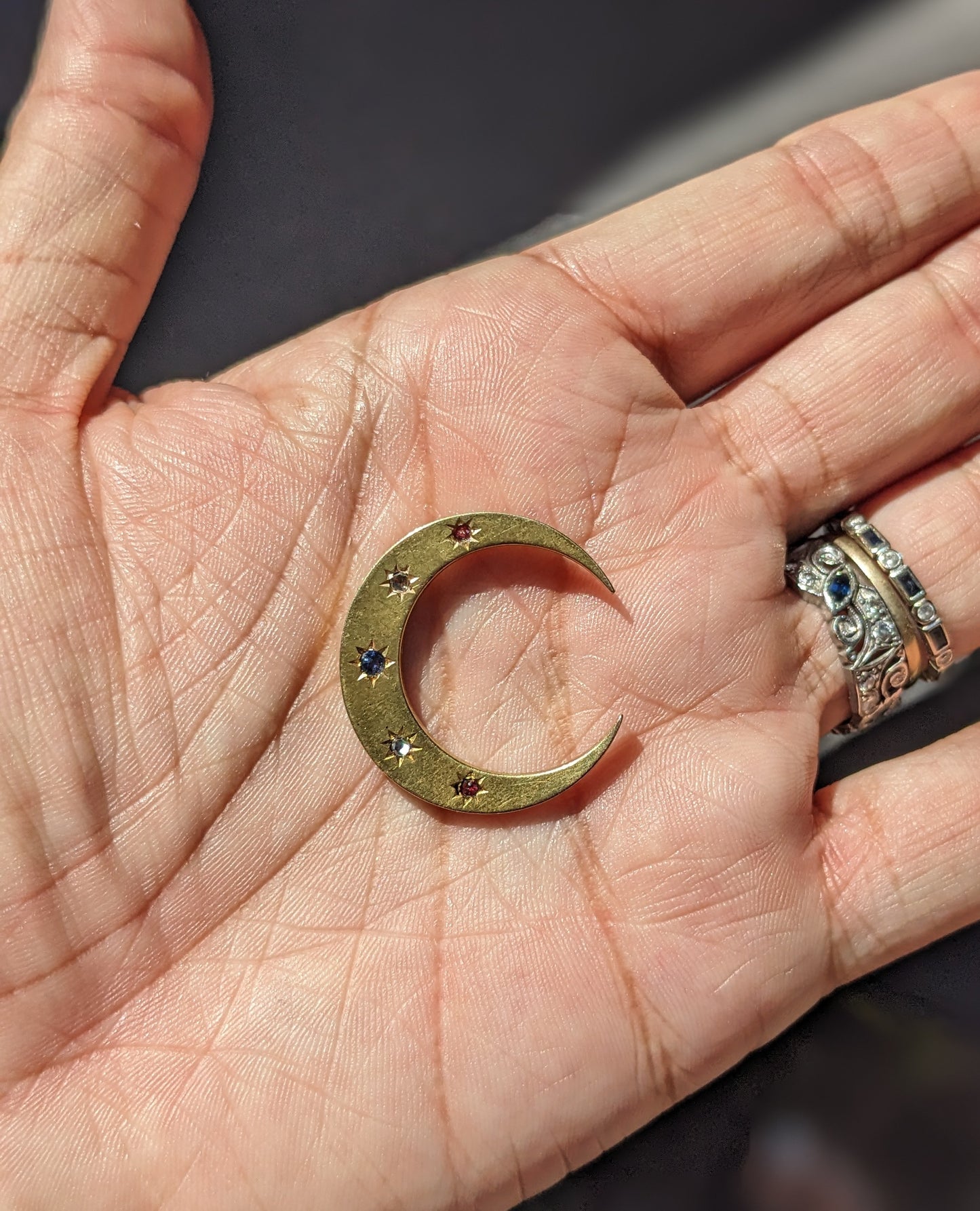 Sapphire, Diamond, and Ruby Crescent Moon Pendant