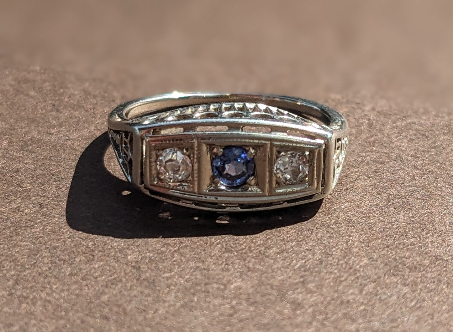 Sapphire and Diamond 1920's 18k White Gold Ring