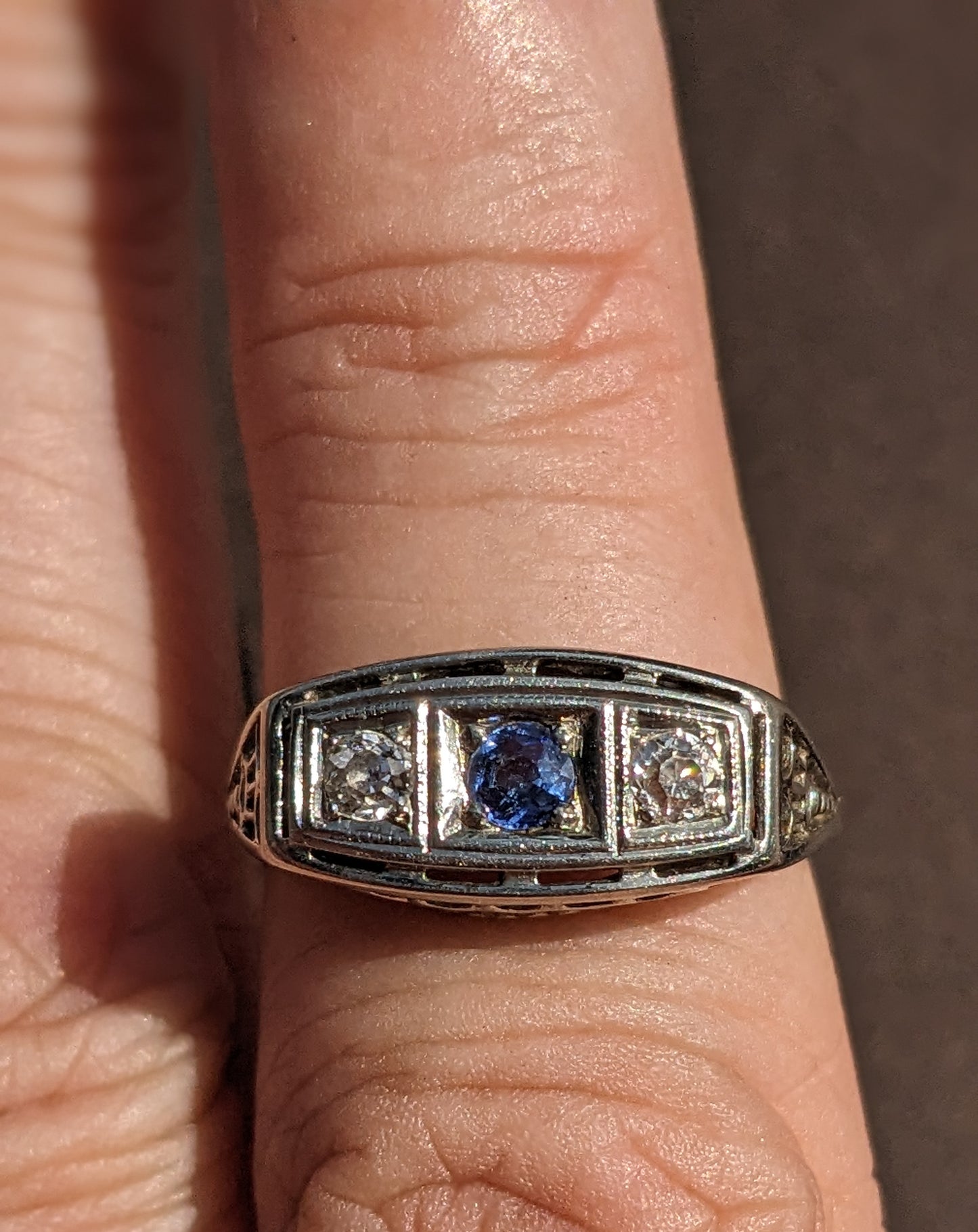 Sapphire and Diamond 1920's 18k White Gold Ring