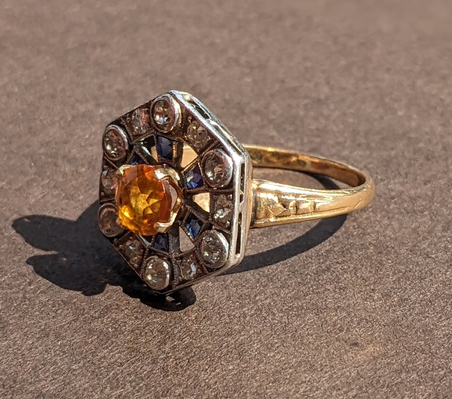 10k Diamond, Sapphire, and Citrine Ring