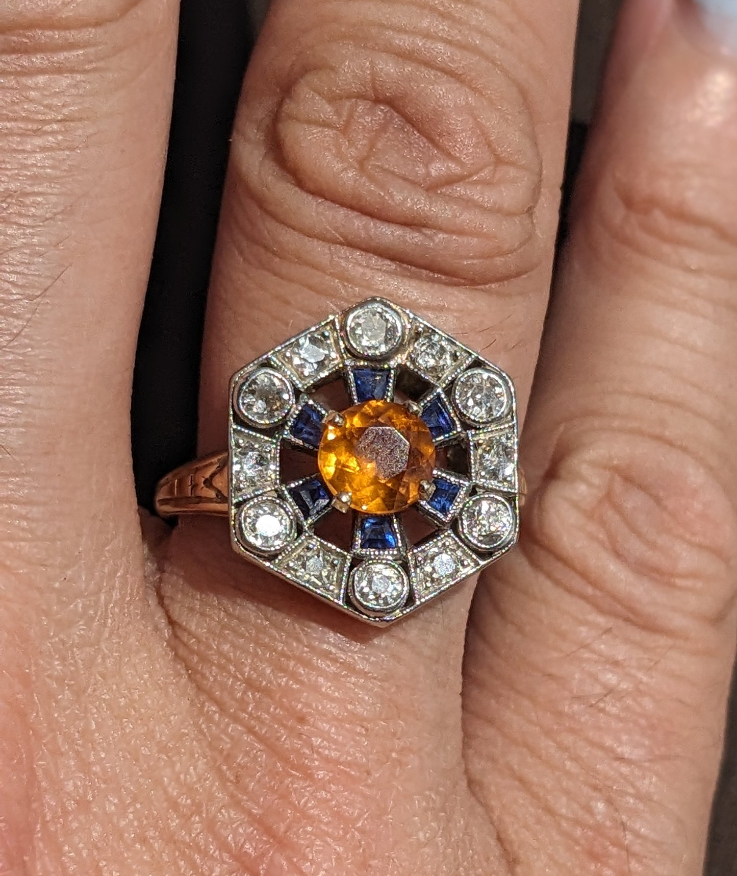 10k Diamond, Sapphire, and Citrine Ring
