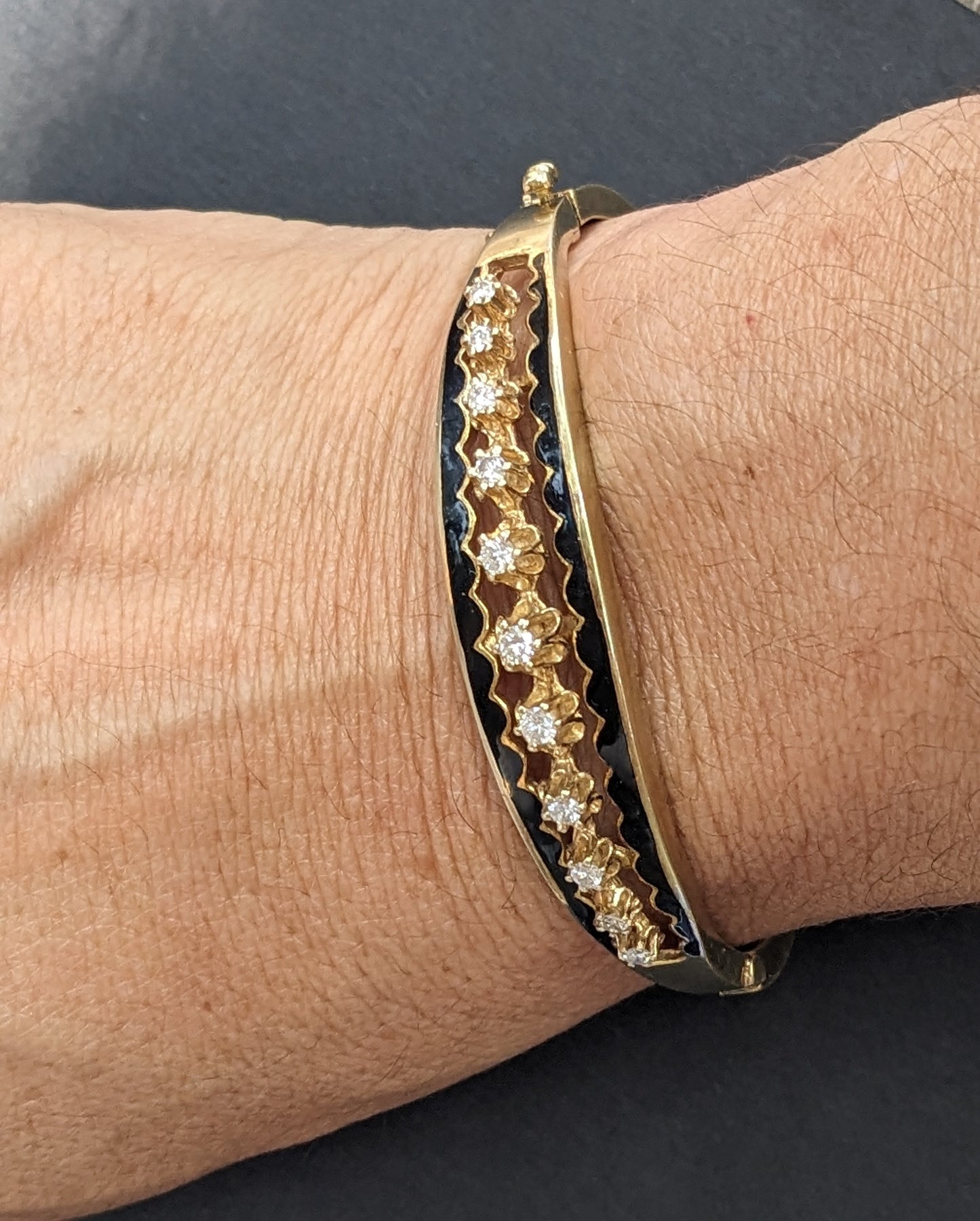 14k Gold Diamond and Black Enamel Bracelet