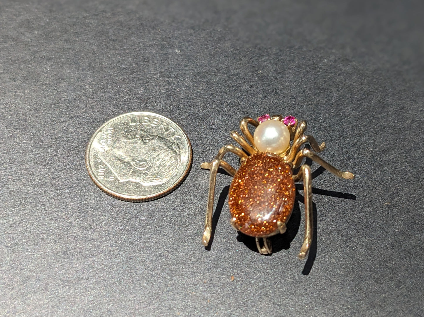 Spider Brooch Ruby Eyes Pearl and Goldstone 14k