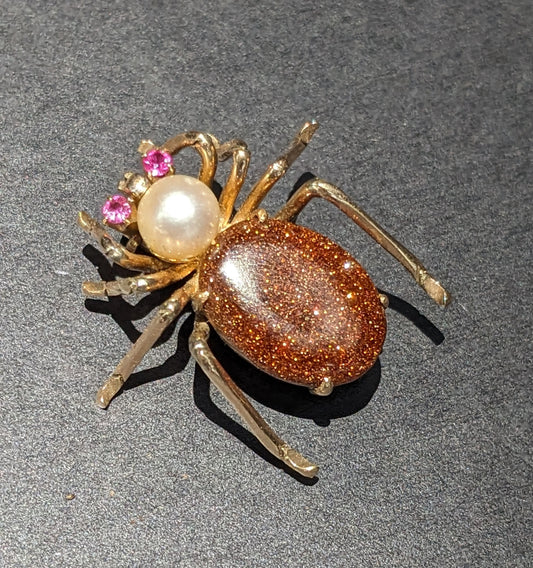 Spider Brooch Ruby Eyes Pearl and Goldstone 14k