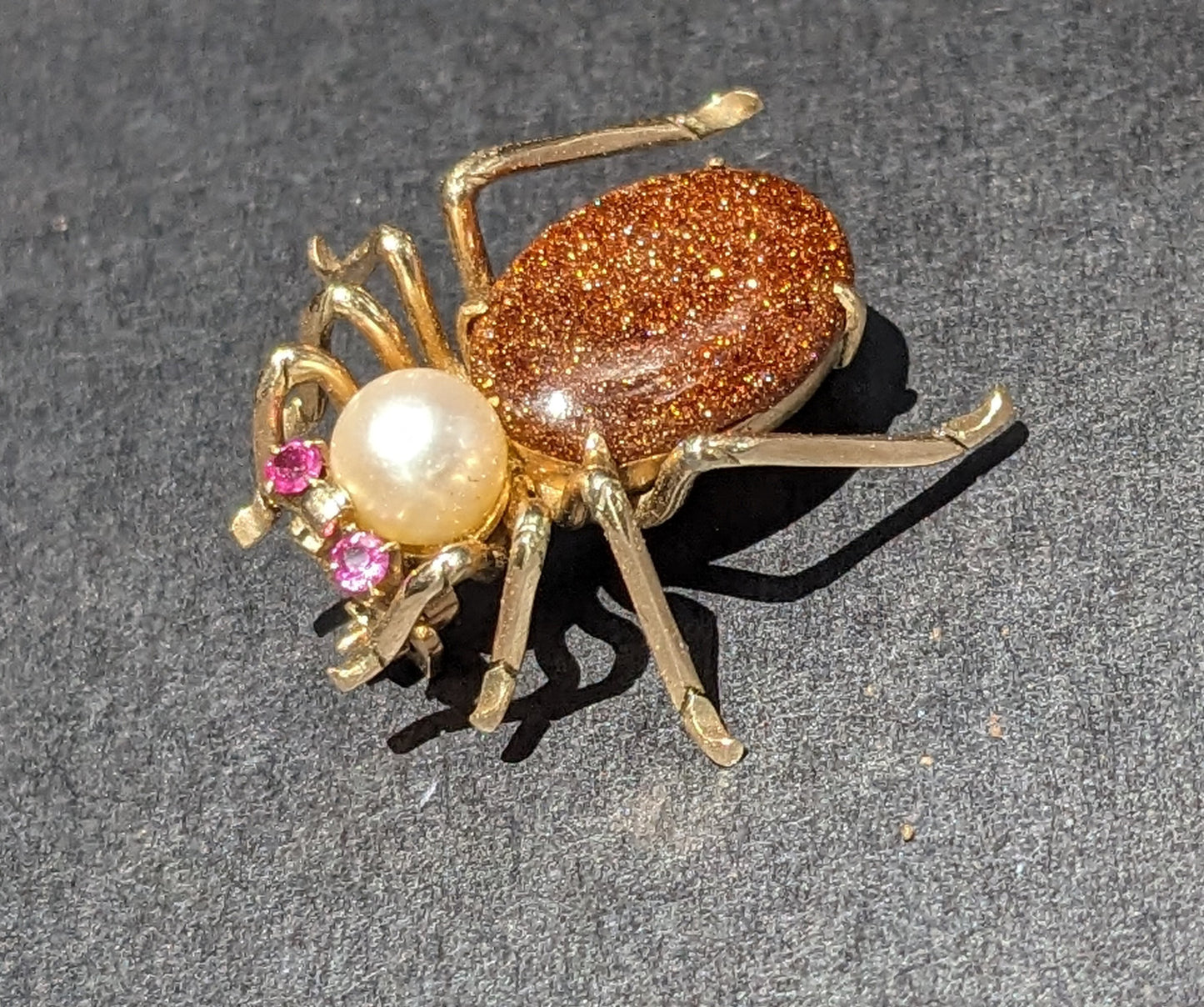 Spider Brooch Ruby Eyes Pearl and Goldstone 14k