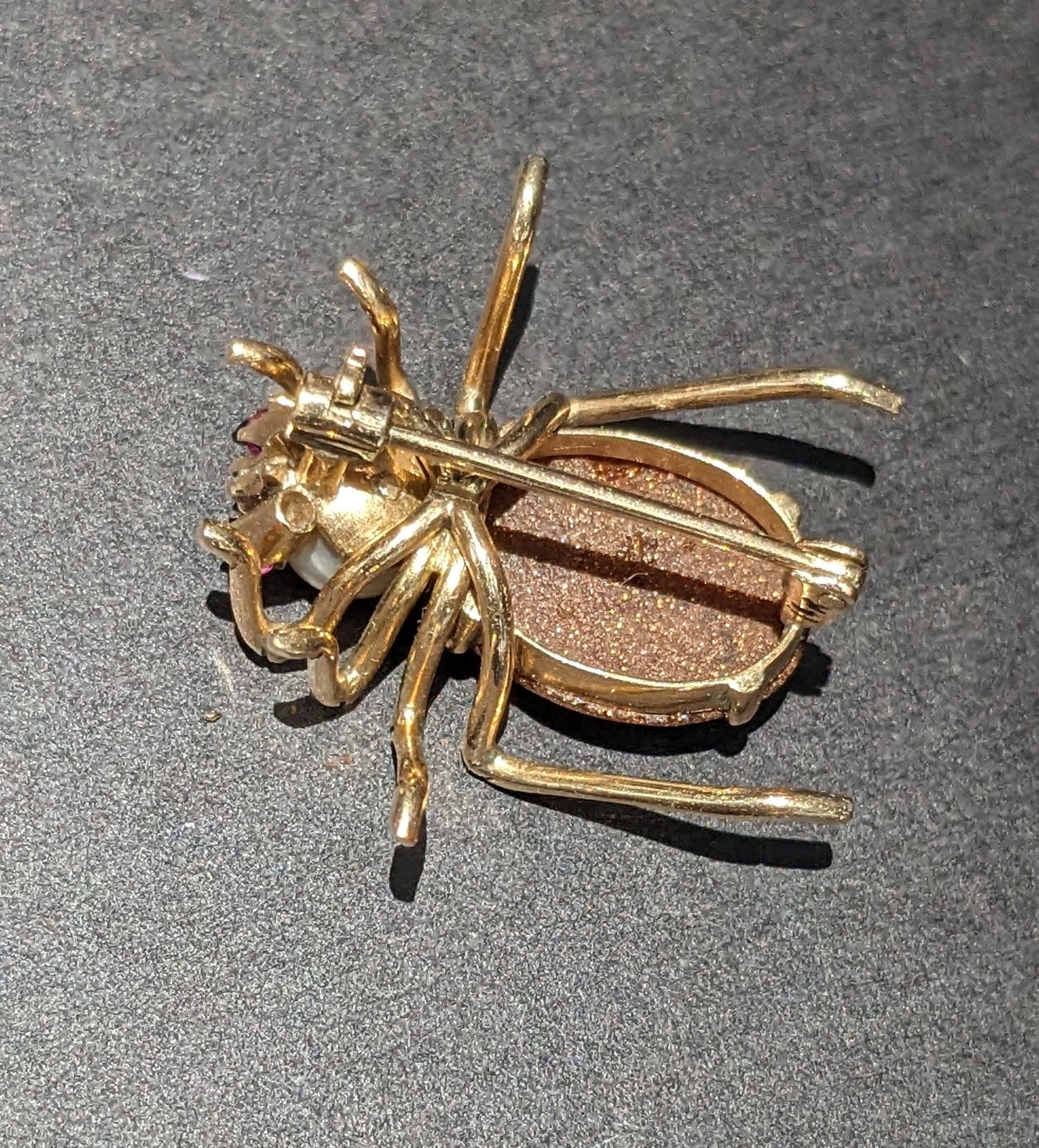 Spider Brooch Ruby Eyes Pearl and Goldstone 14k