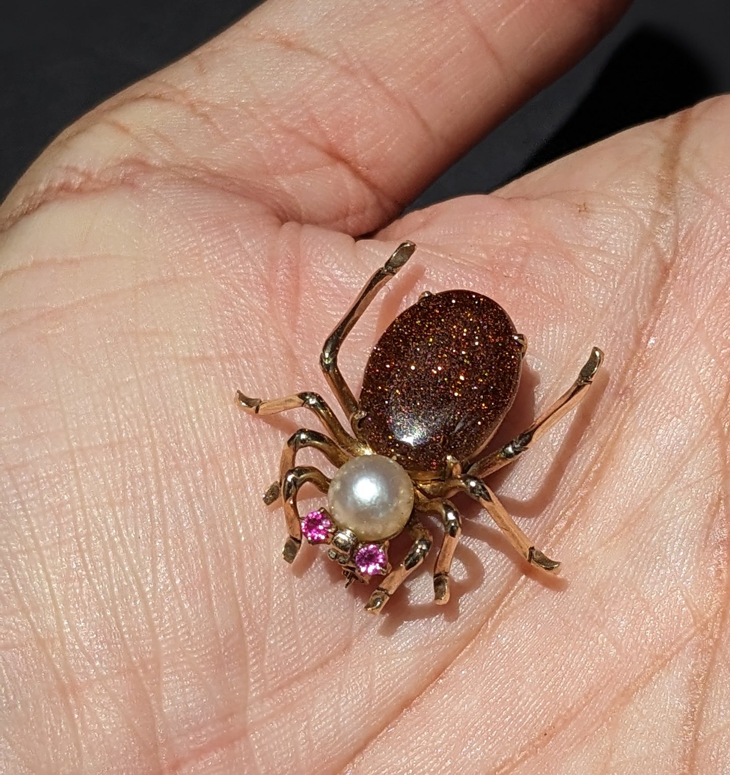 Spider Brooch Ruby Eyes Pearl and Goldstone 14k