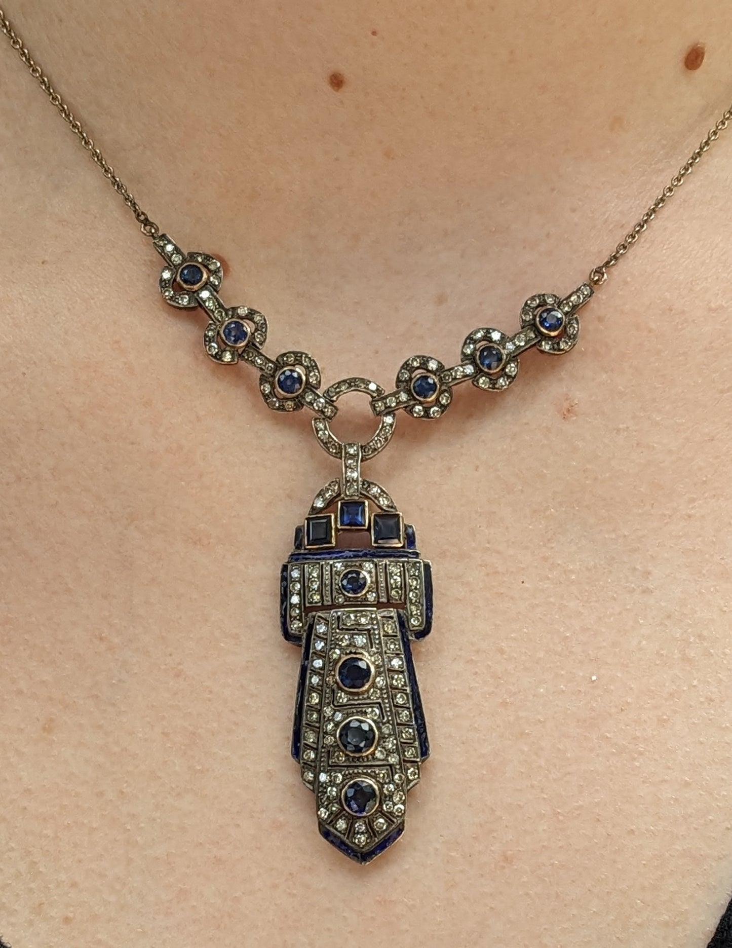 Art Deco 18k Diamond and Sapphire Enamel Necklace