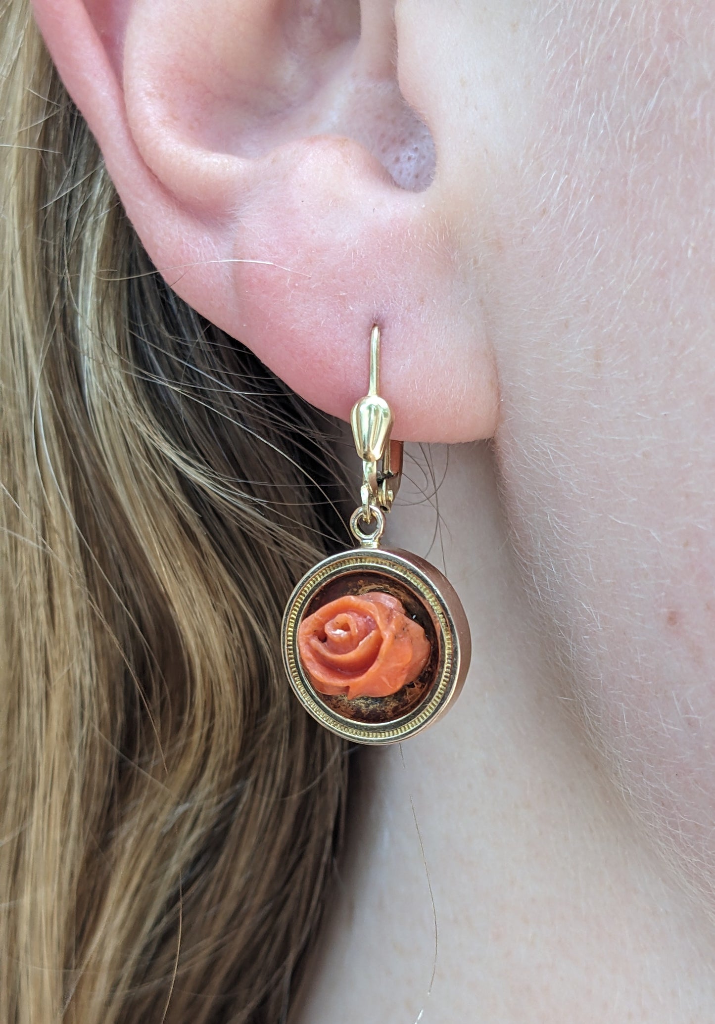 Carved Coral Rose Victorian Earrings