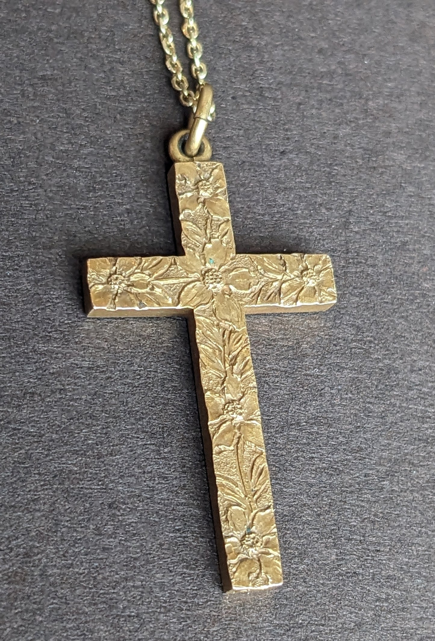 14k Gold "Mary" Floral Chased Cross Necklace