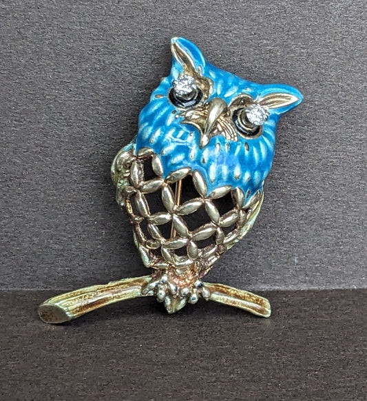 14k Owl Brooch with Enamel and Diamond Eyes