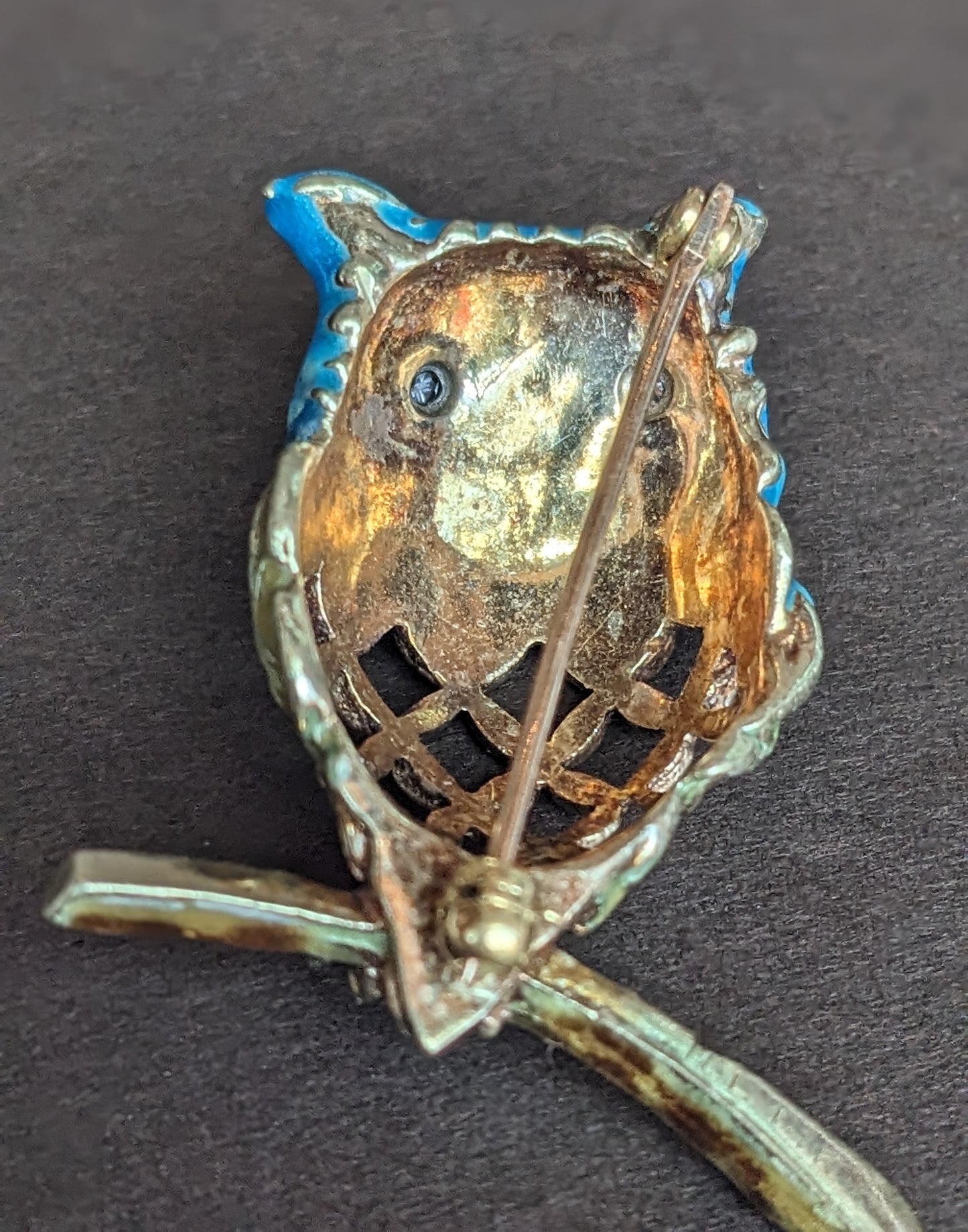 14k Owl Brooch with Enamel and Diamond Eyes