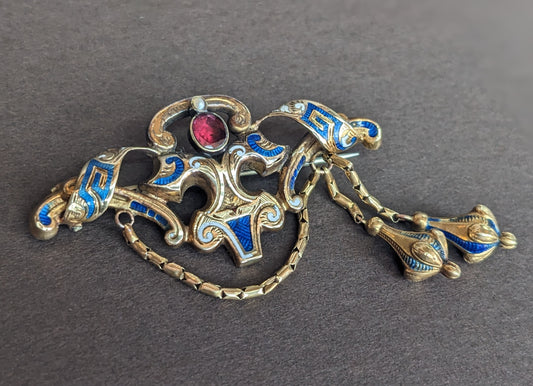 14k Gold, Blue and White Enamel Brooch with Foil Backed Garnet Stone