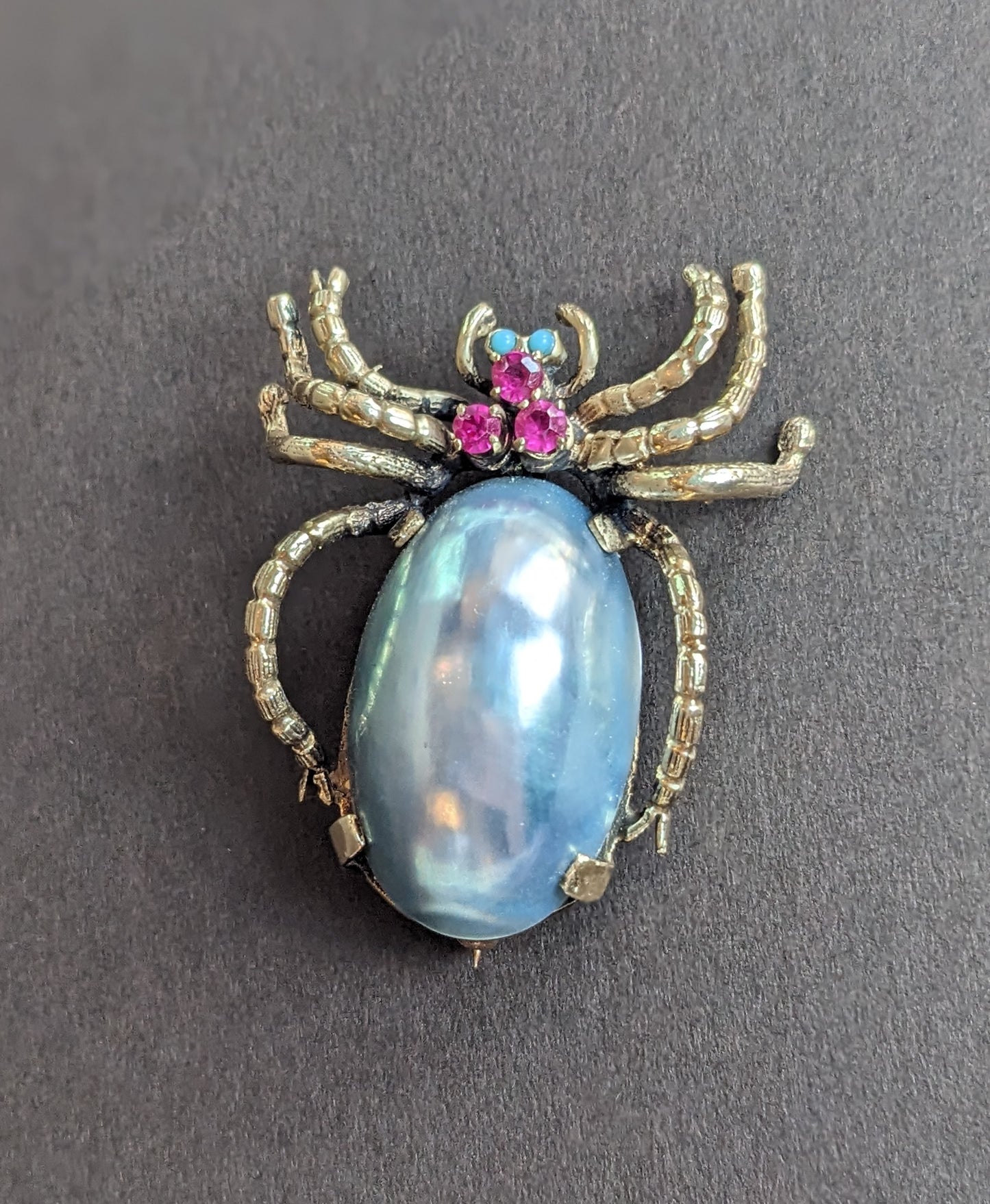 Large Grey Pearl, Ruby, and Opal Spider Brooch