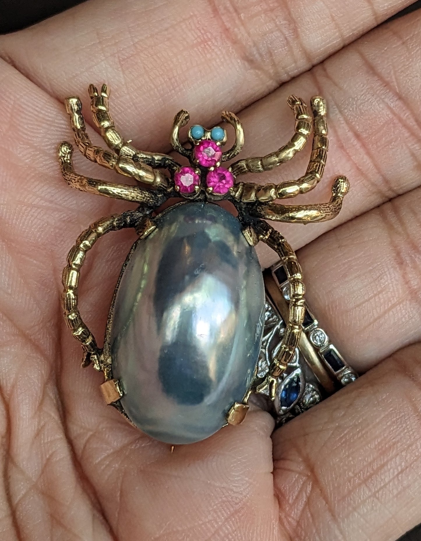Large Grey Pearl, Ruby, and Opal Spider Brooch
