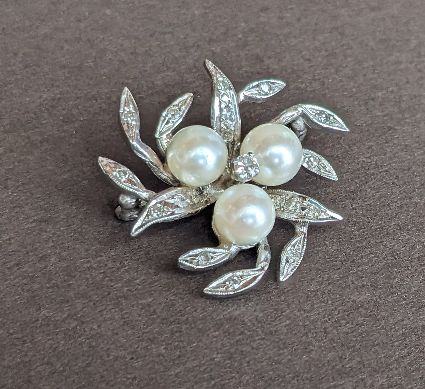 Platinum Gold Diamond Leaf and Pearl Brooch