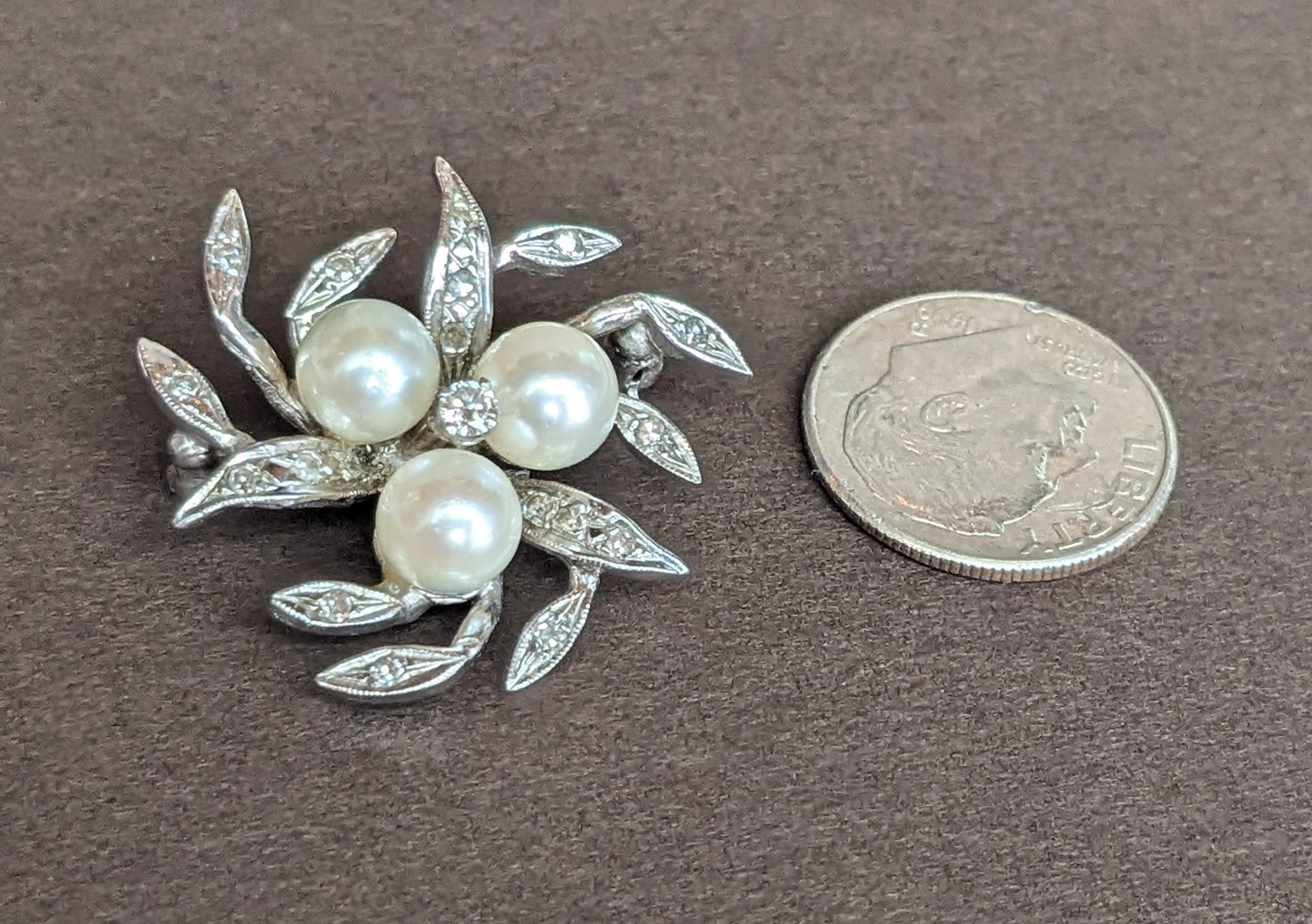 Platinum Gold Diamond Leaf and Pearl Brooch