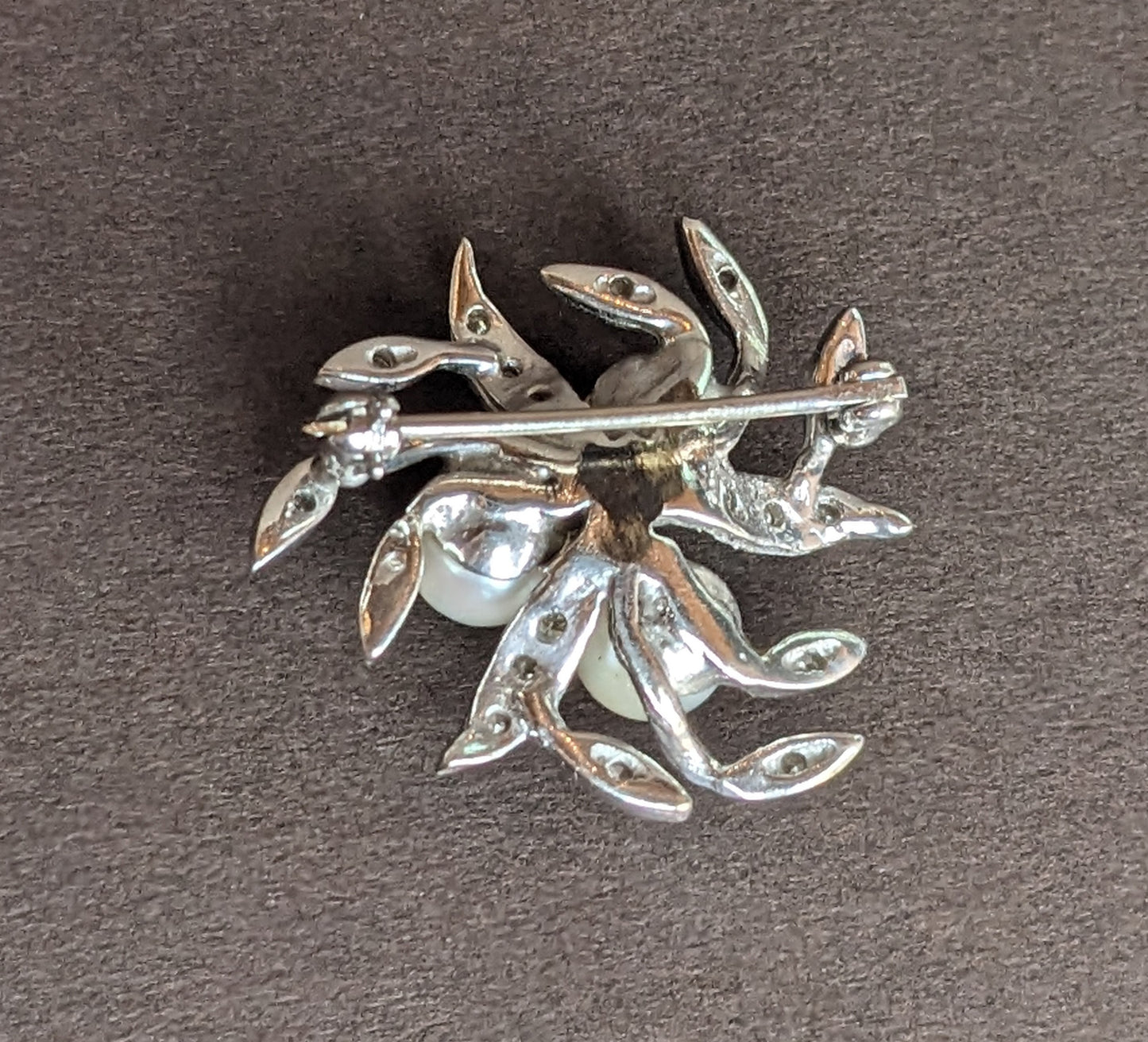 Platinum Gold Diamond Leaf and Pearl Brooch