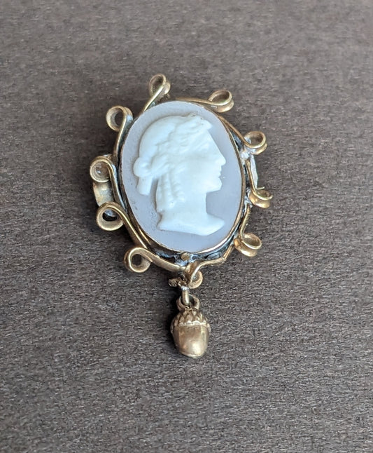 14k Gold and Cameo Pin with Acorn Drop