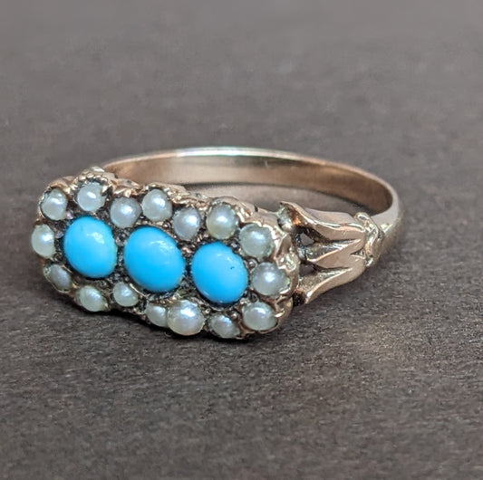 14k Gold American Seed Pearl and Turquoise Ring