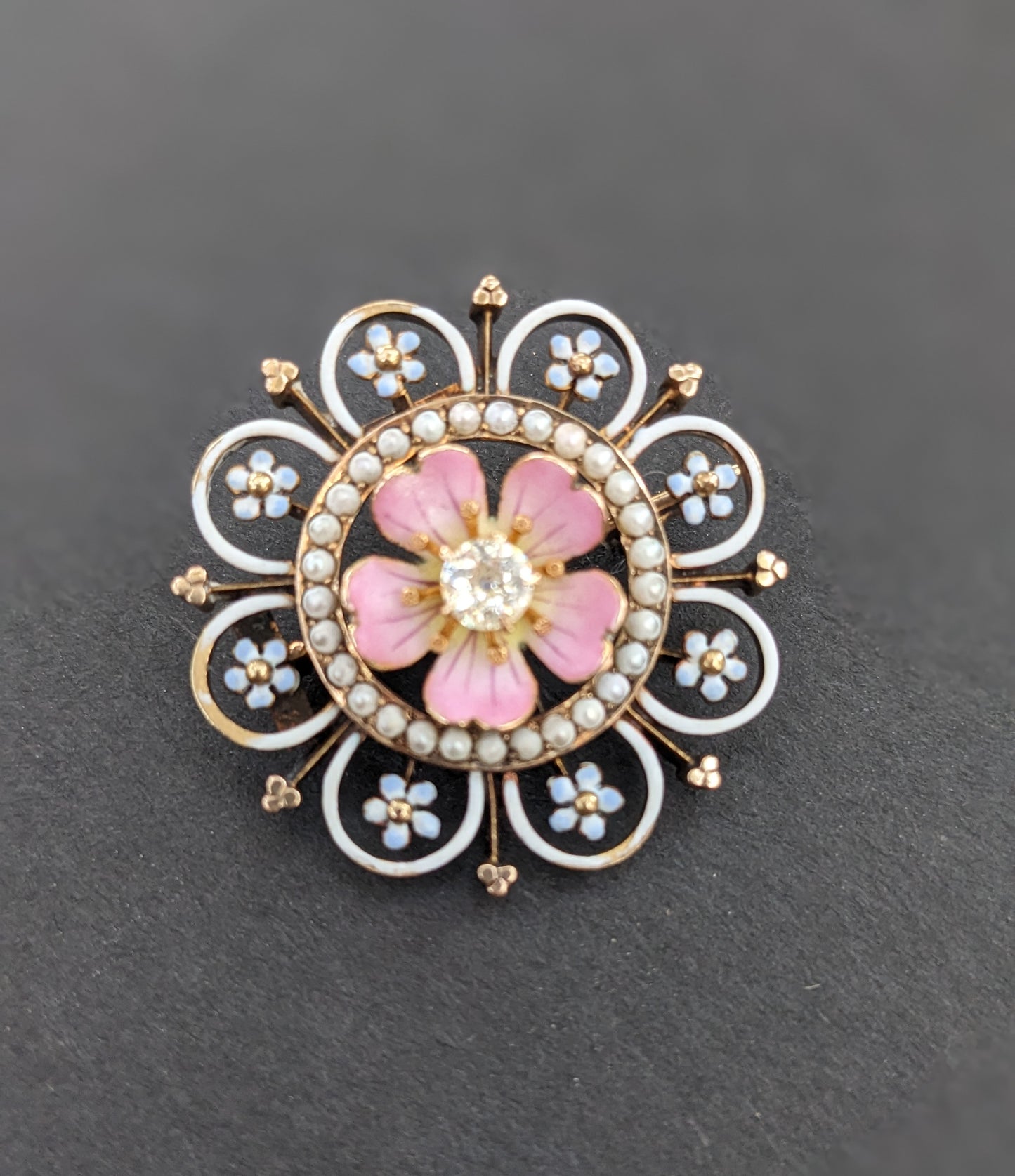 14k Gold, Seed Pearl, and Enamel Pink Floral Pin/Pendant