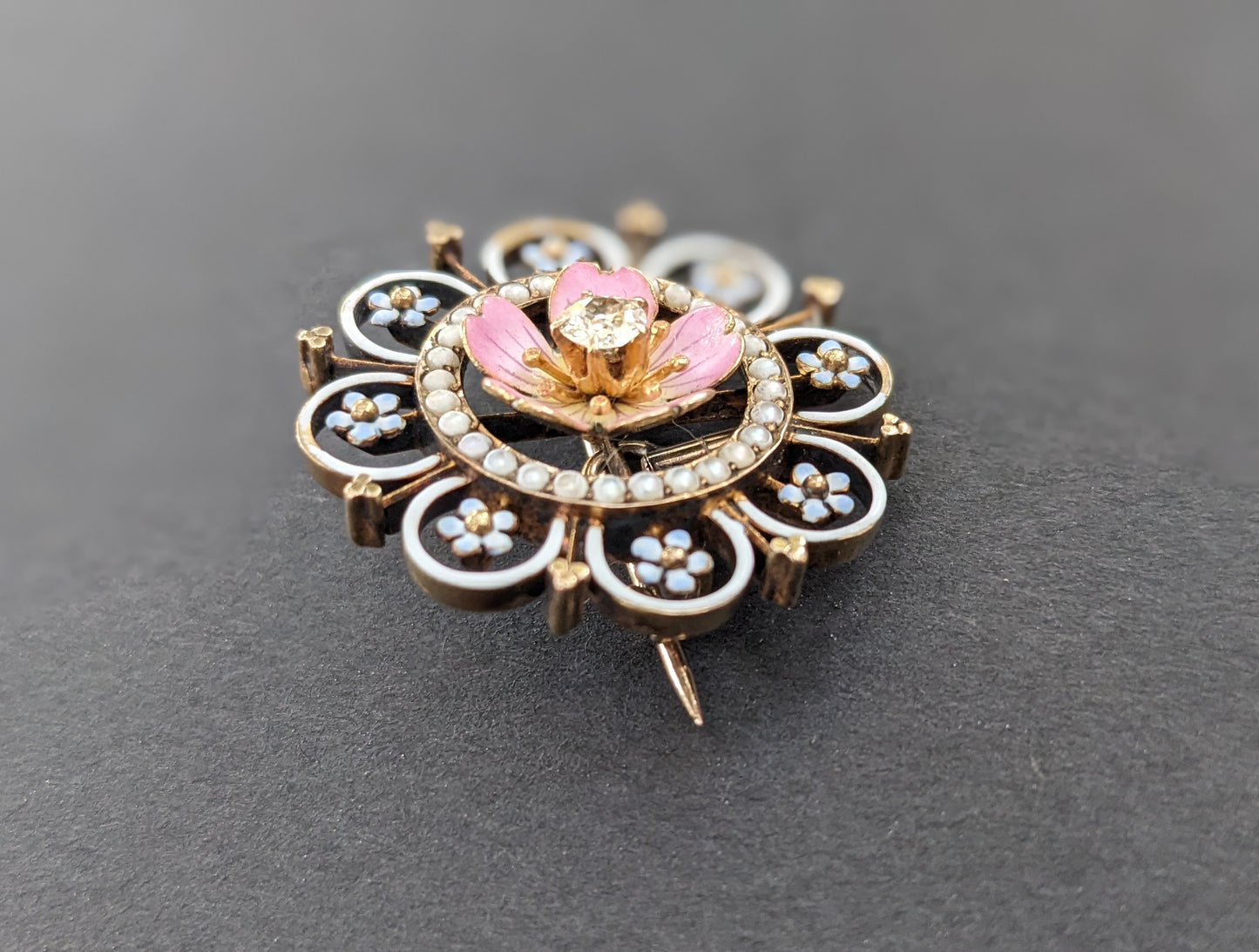 14k Gold, Seed Pearl, and Enamel Pink Floral Pin/Pendant