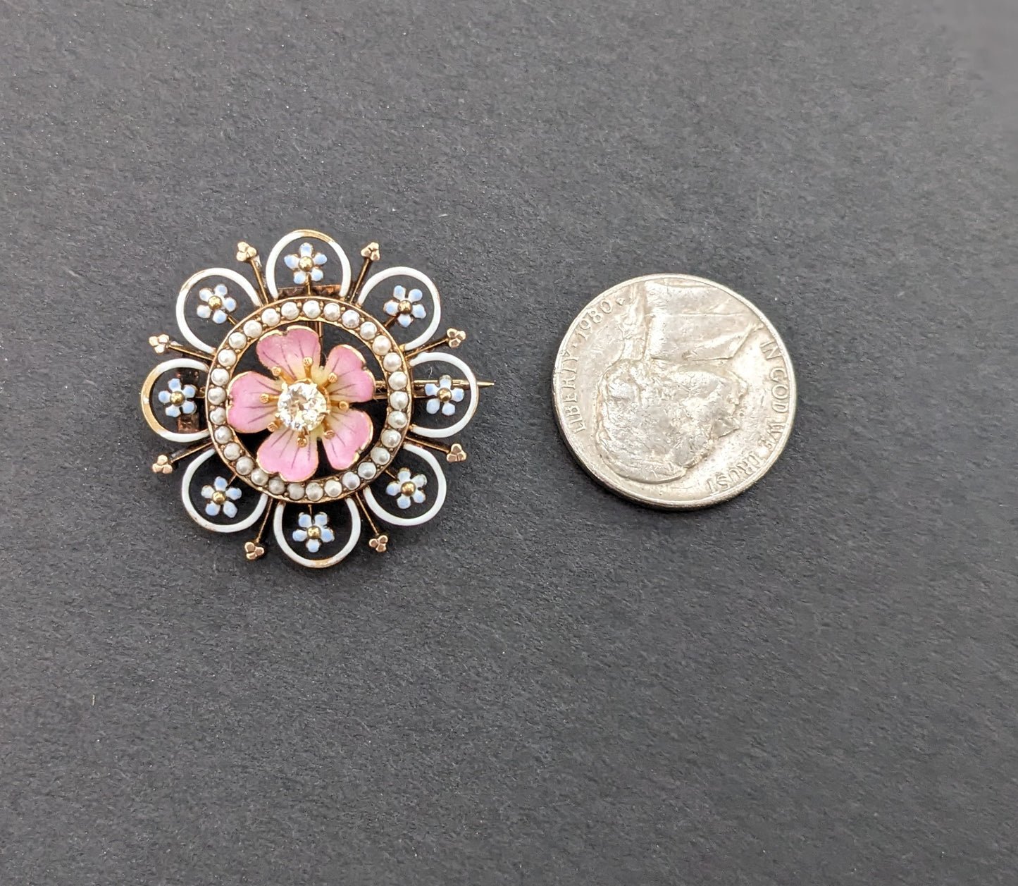 14k Gold, Seed Pearl, and Enamel Pink Floral Pin/Pendant