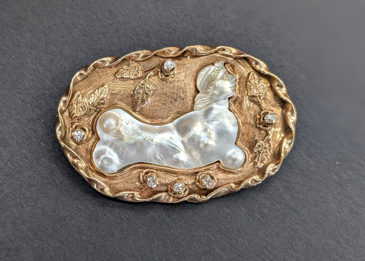 Carved Pearl Sphinx and Diamond Brooch