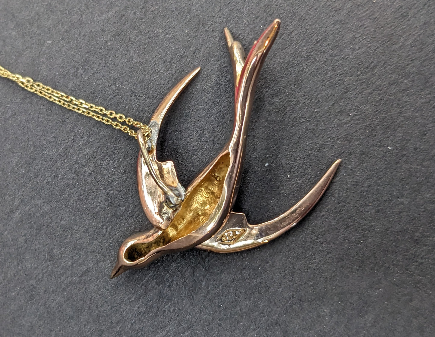 18k Gold Swallow Pendant on 14k gold Chain