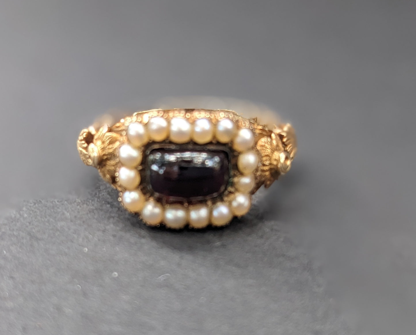 14k Gold, Garnet and Seed Mourning Ring