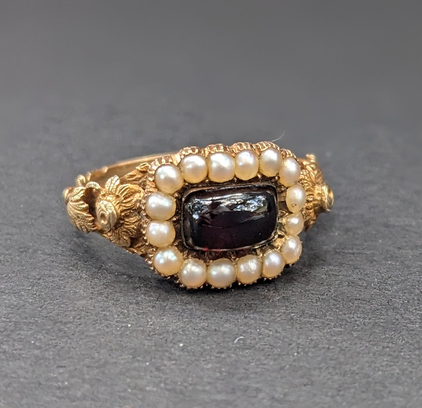 14k Gold, Garnet and Seed Mourning Ring