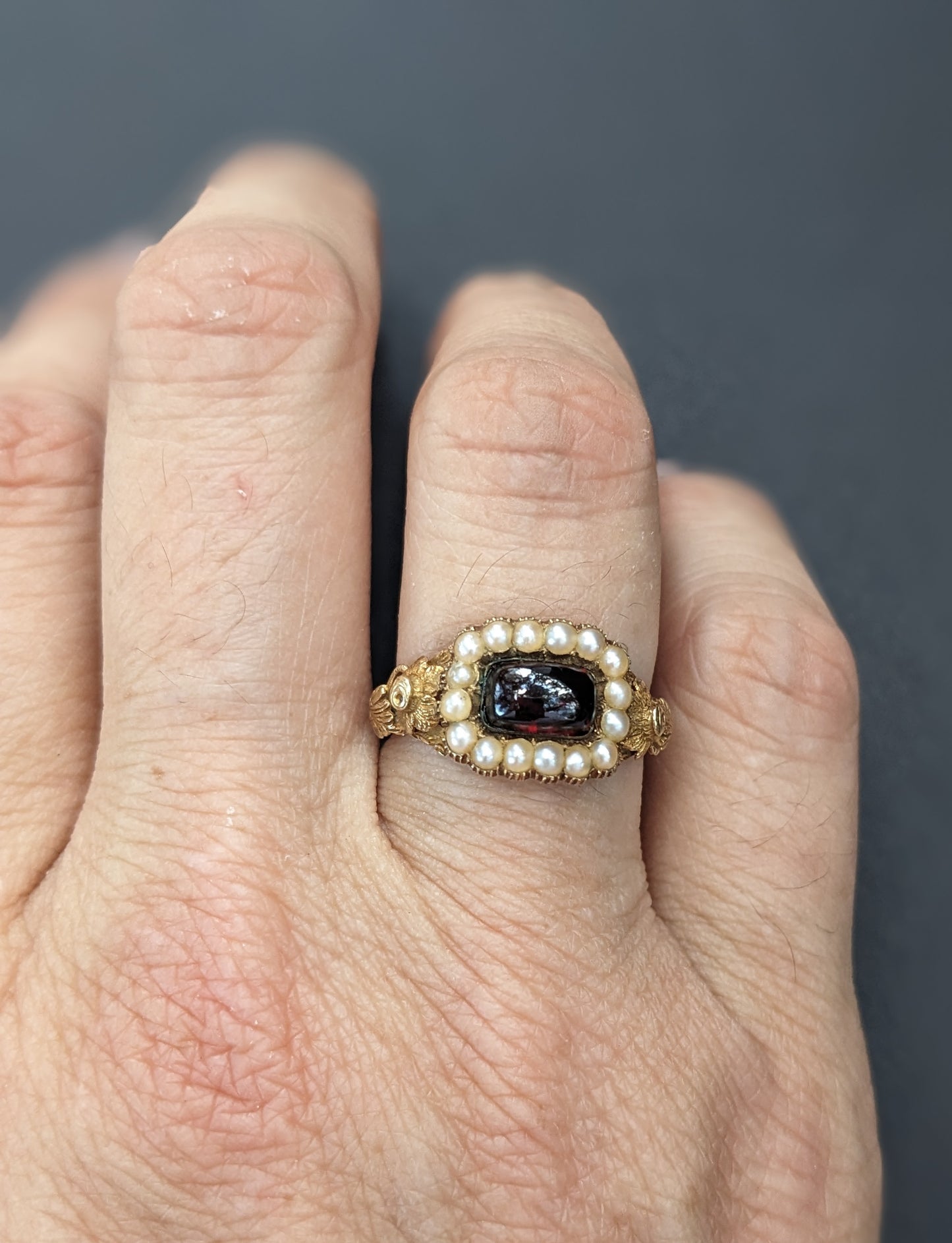 14k Gold, Garnet and Seed Mourning Ring