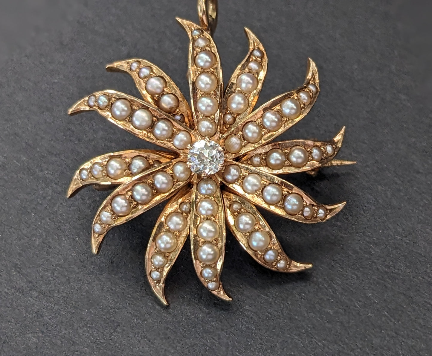 14k Gold, Seed Pearl, and Diamond Starburst Pin/Pendant