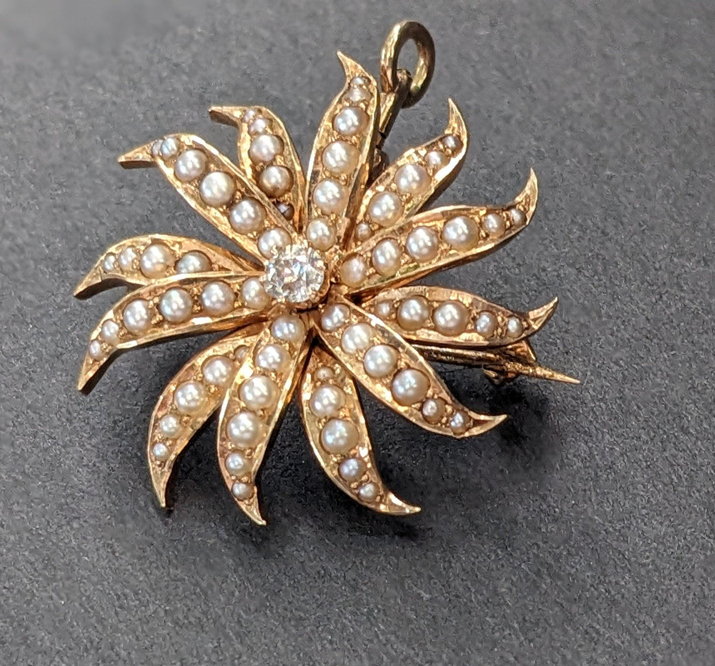 14k Gold, Seed Pearl, and Diamond Starburst Pin/Pendant