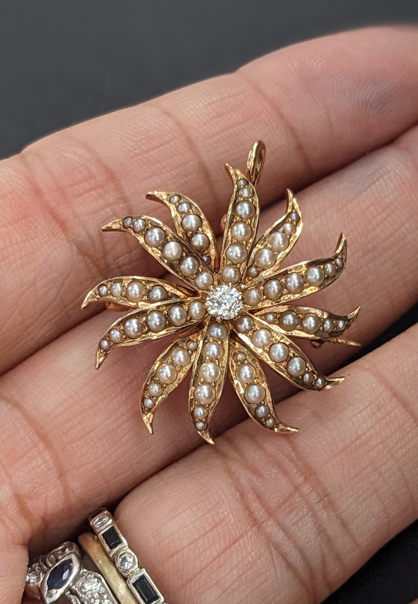 14k Gold, Seed Pearl, and Diamond Starburst Pin/Pendant