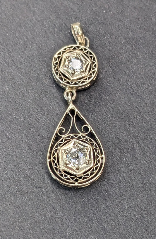 14k Gold Filigree Double Drop Diamond Pendant