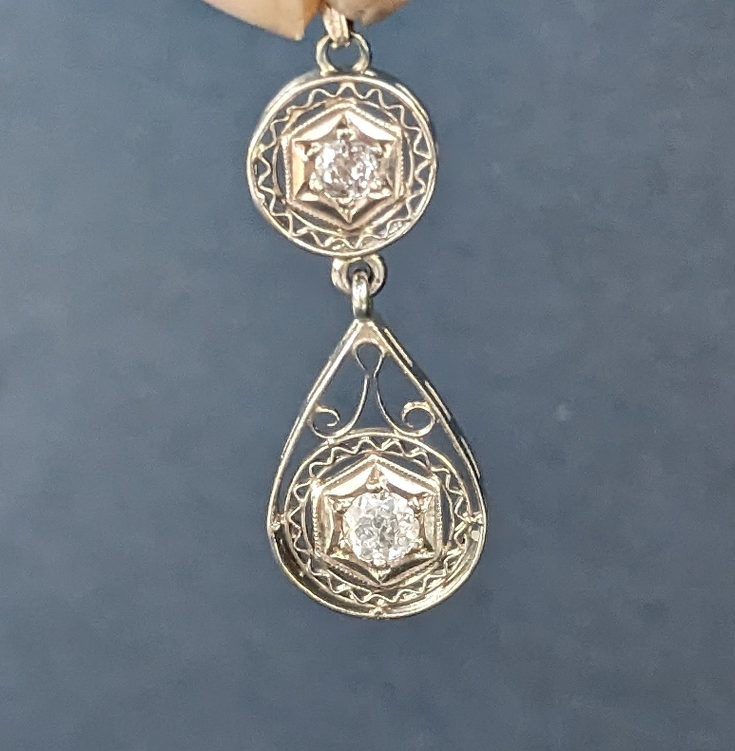 14k Gold Filigree Double Drop Diamond Pendant