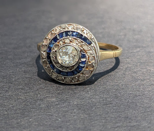 French Art Deco 18k Gold, Platinum, Diamond and Sapphire Ring