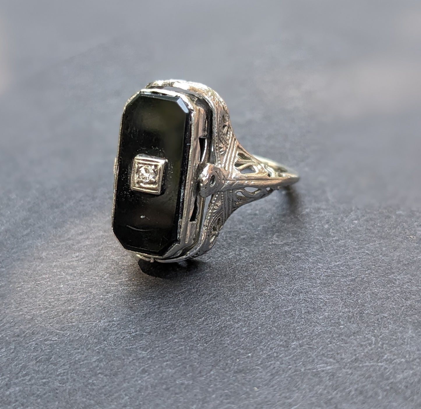 14k White Gold, Cameo, Onyx, and Diamond Flip Ring