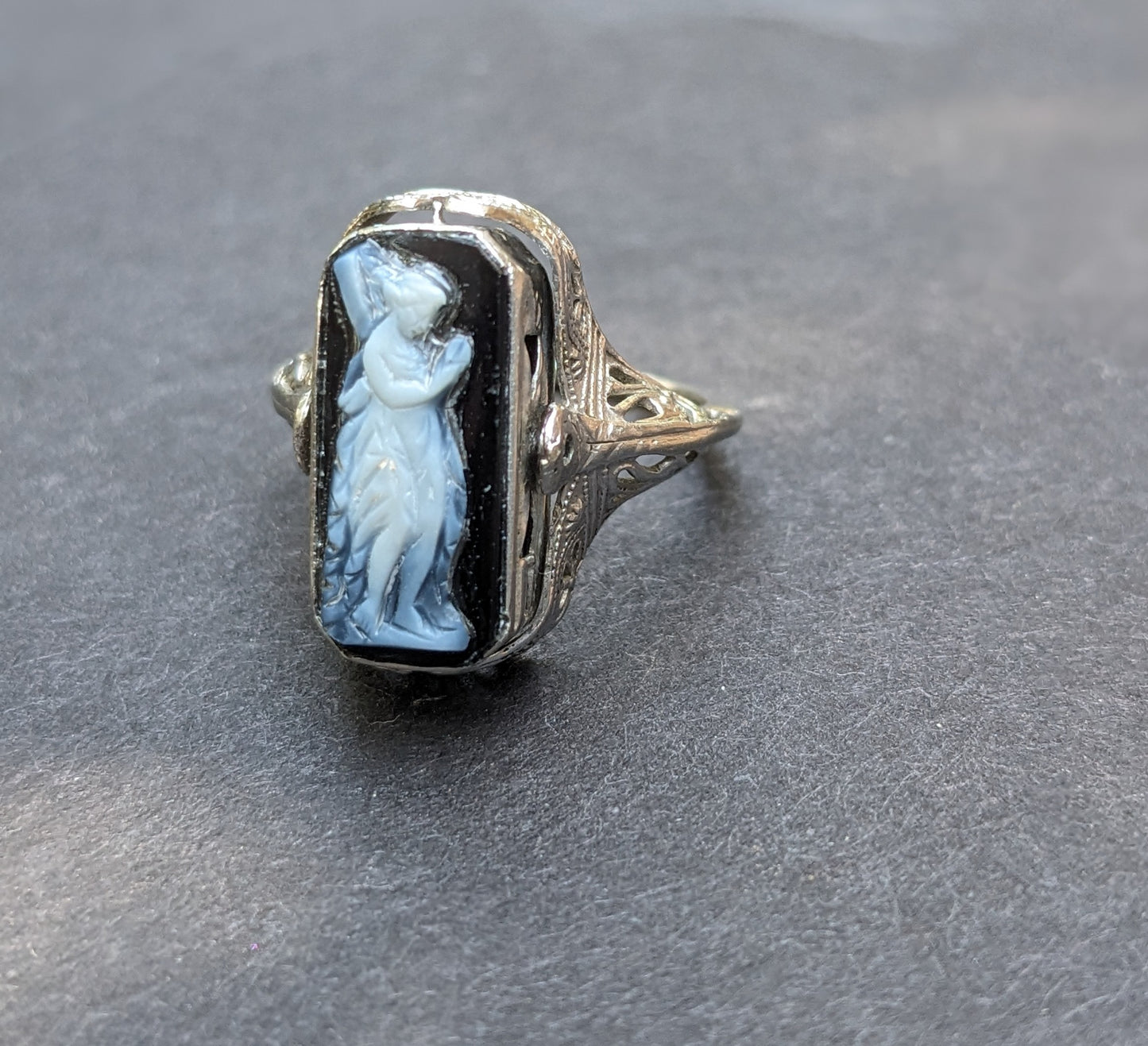 14k White Gold, Cameo, Onyx, and Diamond Flip Ring