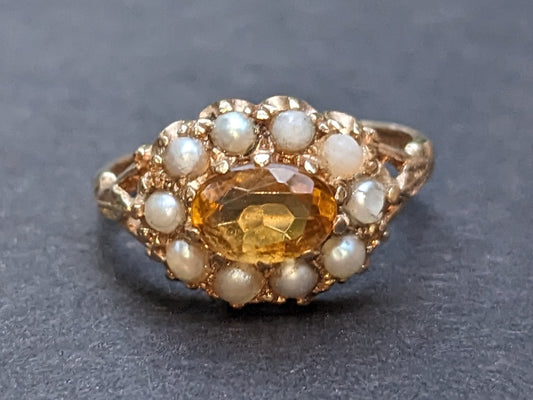 9k Gold English CL&S Birmingham Citrine and Pearl Ring