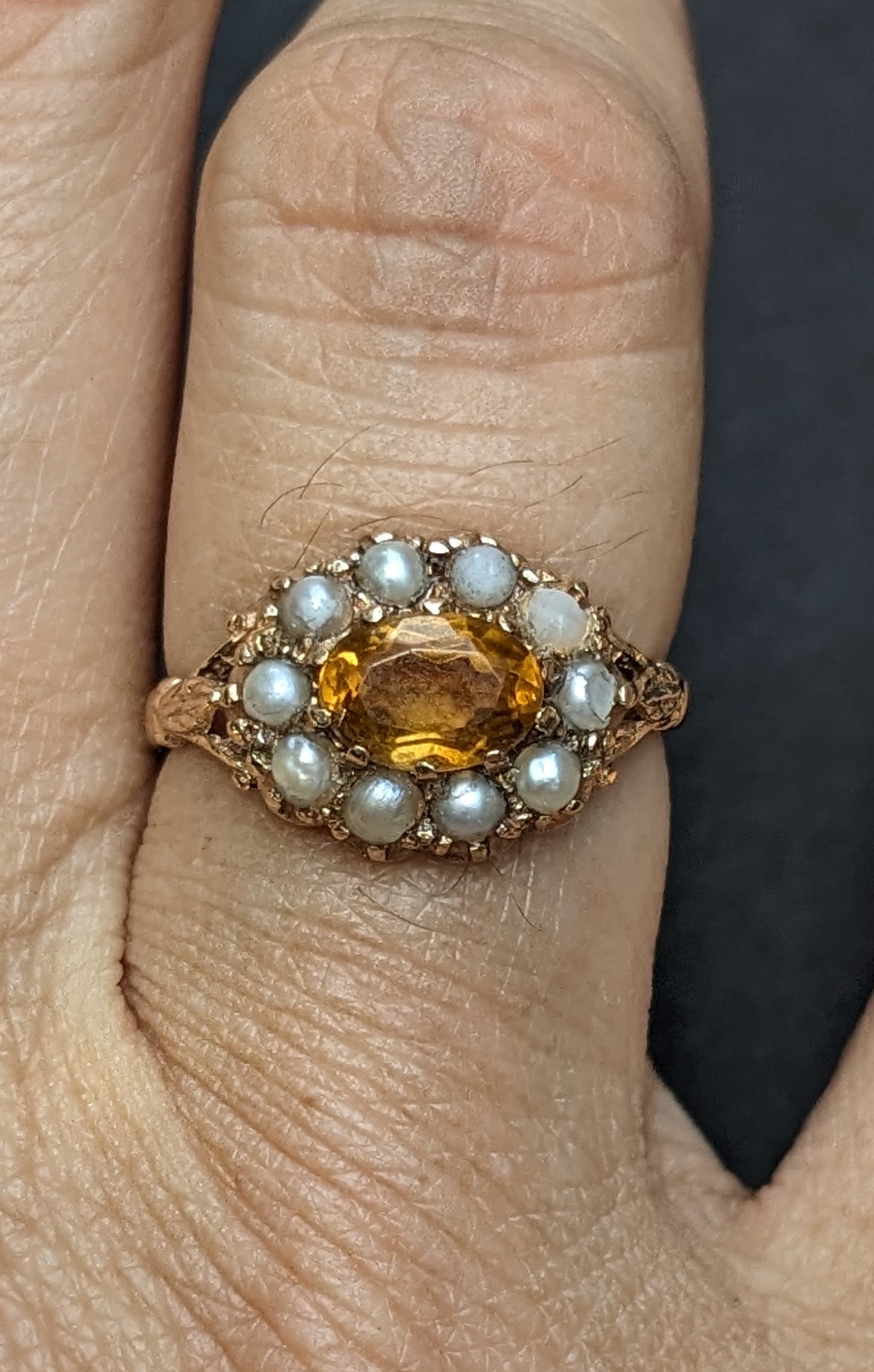 9k Gold English CL&S Birmingham Citrine and Pearl Ring