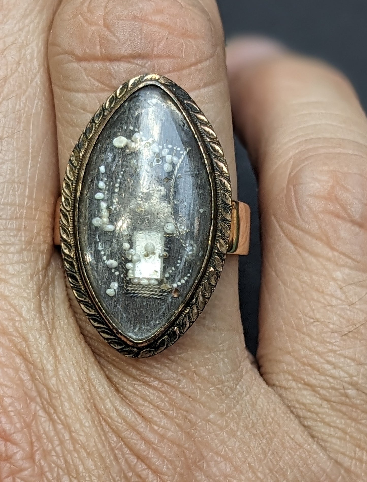 French Mourning Conversion Seed Pearl and Silk Under Crystal Ring