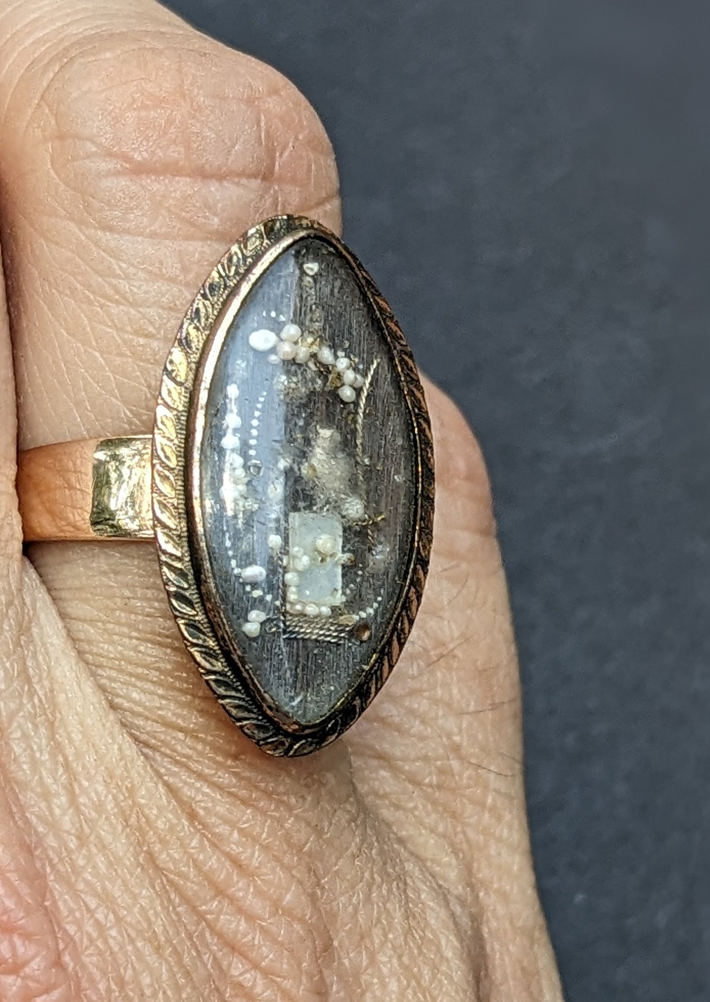 French Mourning Conversion Seed Pearl and Silk Under Crystal Ring