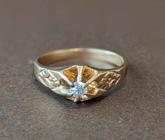 14k Gold and Diamond Belcher Set Engraved Ring