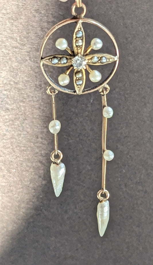 Lavalier Art Nouveau Diamond and Pearl Pendant