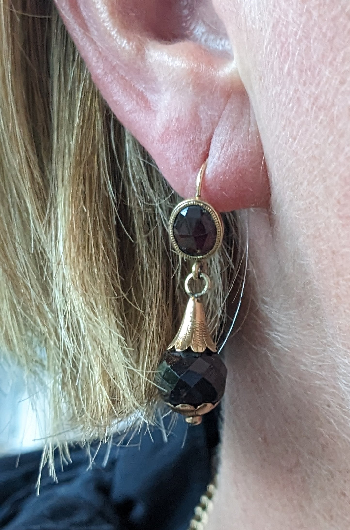 Victorian 18k garnet drop earrings on 14 leverbacks