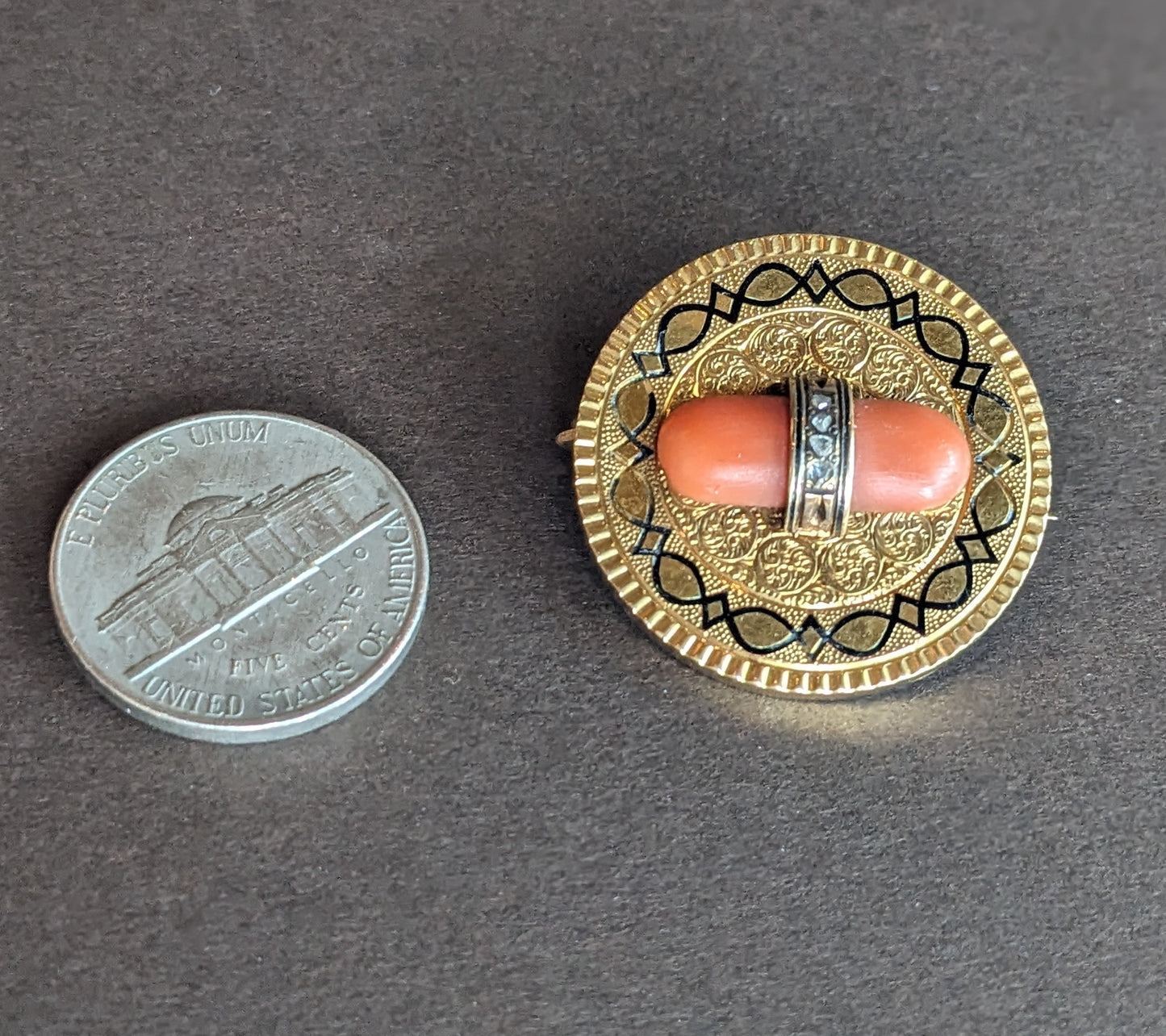 14k Gold Late 1890 Coral and Mine Cut Diamond Brooch